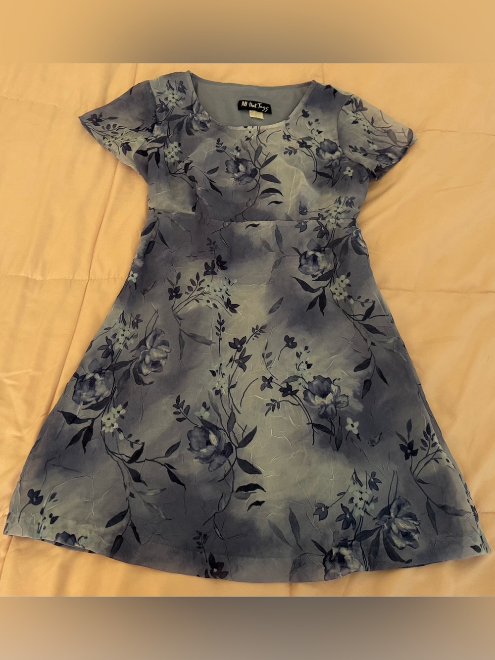 Vintage All That Jazz Blue Floral A-Line mini Dress, size S chiffon lined boho